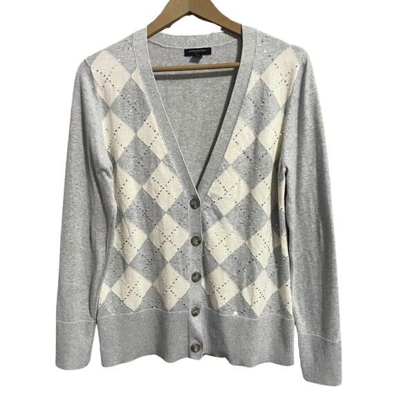 Banana Republic Argyle V-Neck Cardigan Women’s Size L Gray Button Front Sweater - Picture 1 of 10